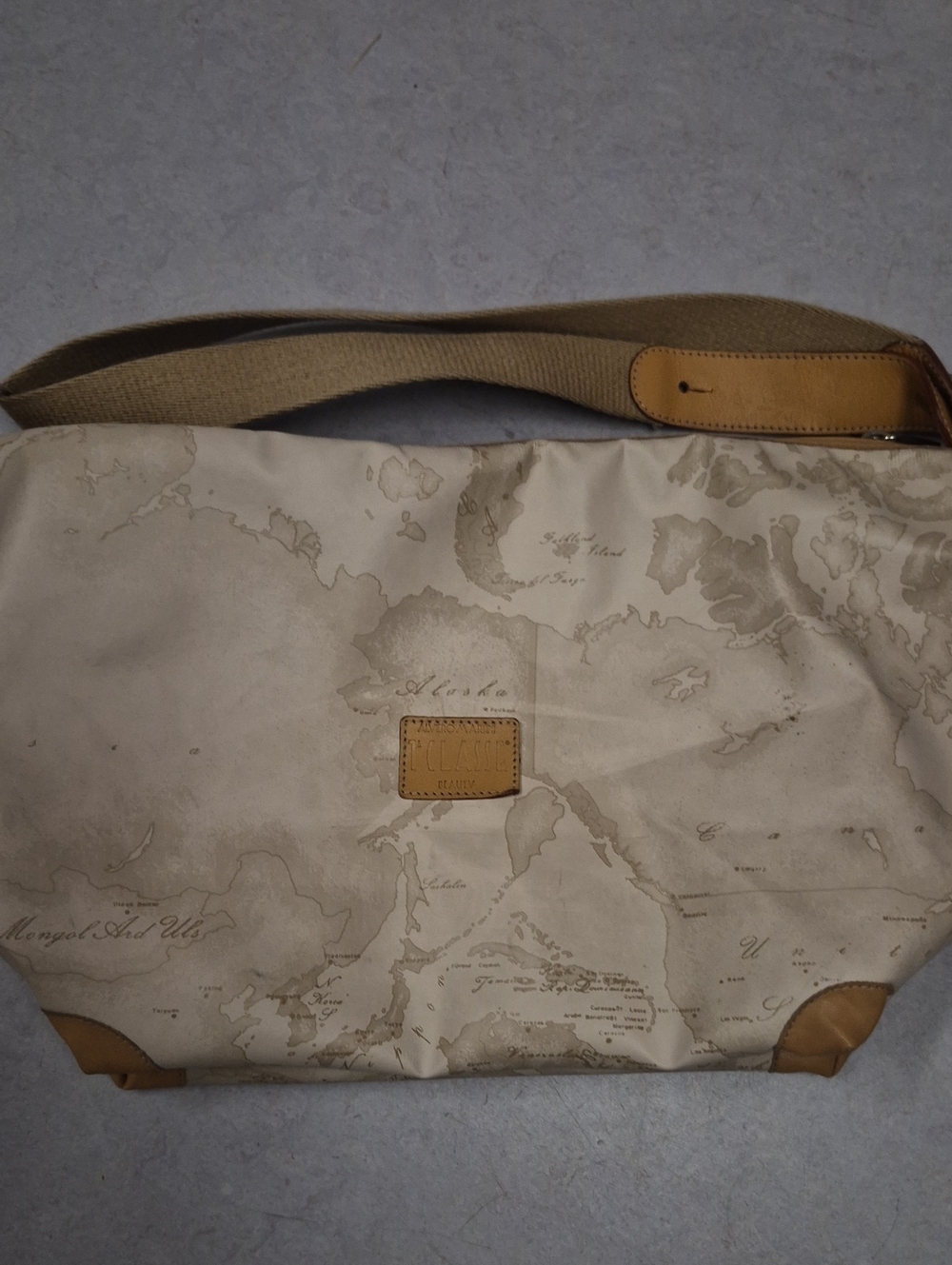 Canvas Map-Print Messenger Bag in Beige with Tan Trim